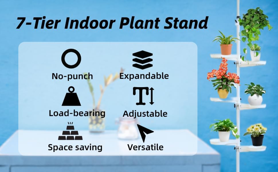 Adjustable Height 7 Layer Indoor Plant Stand, Spring Tension Pole Metal Free Stand Steel Tube Flower Display Rack, Space Saver Corner Floral Pot Hanger Shelf - Image 2