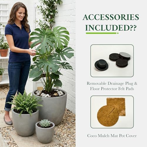 DTY Mount Yale 15.7" D x 15" H (Pot Opening 12.2") Fiberstone Planter with Drainage Hole, Weather Resistant for Indoor and Outdoor, 2 Extra Coco Mats - Gray, Medium - Image 6