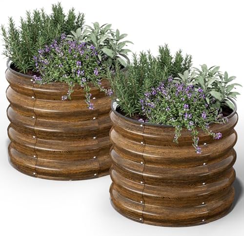Kesfitt Round Metal Raised Garden Bed, 2x2x1.5 FT, 18-Inch Deep Galvanized Steel Garden Bed with Open Bottom for Outdoor Vegetables & Herbs, Walnut Finish, 2 Pack by Kesfitt