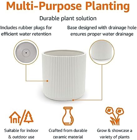 Amazon Basics Fluted Ceramic Planter Pot for Indoor Outdoor Plants, Round Flower Pot with Drainage Hole, 10-inch, White - Image 2