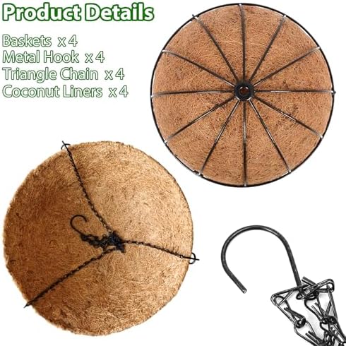 LCHUANG Hanging Baskets Planter for Plants - 4 Pack 12 Inch Metal Baskets with Coco Coir Liner, Hanging Flower Pots for Outside with Chain, Indoor Outdoor Garden Porch Decoration (12'' Pack of 4) - Image 4