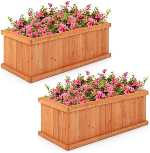 GIANTEX Raised Garden Bed Set of 2, 31”x14”x12” Wooden Elevated Planter Box with 4 Drainage Holes & Detachable Bottom Panels, Flower Bed, Rectangular Plant Container for Vegetables, Herbs & Fruits by Giantex