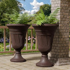 Tall Plastic Urn Planters and Pedestal - 24" Outdoor Planter Brown by Outdoorchairs