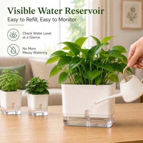 Planterhoma Self Watering Plant Pots for Indoor Plants 10 inch, 3 Packs Rectangle Self-Watering Planters with Drainage Hole, White African Violet Pots for Devil's Ivy, Spider Plant, Orchid, Herb - Image 5