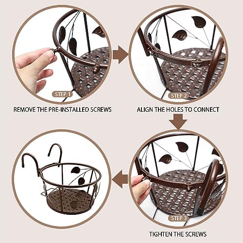 Iron Art Metal Railing Flower Pot Hanging Basket for Indoor Pot Holder Hanger 3 Pack Outdoor Plants Perfect for Porches and Patio Decor Leaf Pattern (Champagne) - Image 3