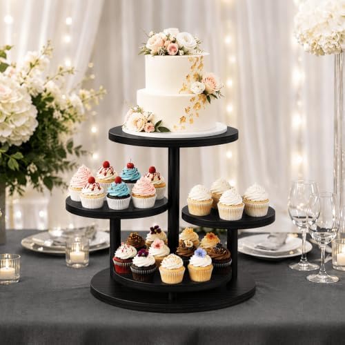 ELITEROO 4 Tier Round Cupcake Stand, Wooden Cup Cake Tower with Tiered Cookie Serving Tray, 360°Rotatable Cake Stand for Dessert Table Display for Wedding Birthday Halloween Tea Party, Black - Image 6