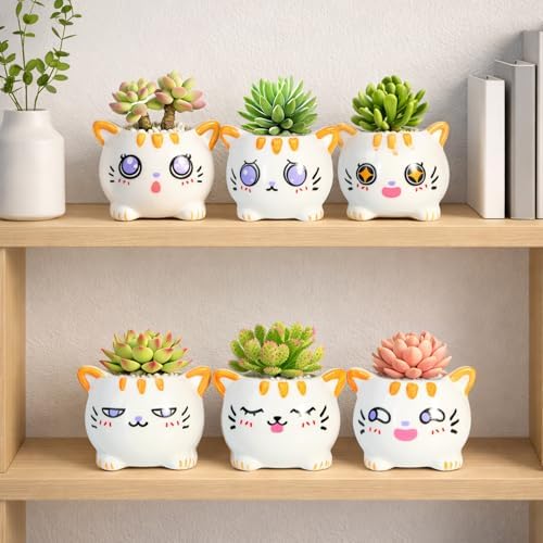 6 Pcs Cartoon Animal Succulent Pots with Drainage - Cute Ceramic Mini Cat Planters for Small Plants, Cactus, Air Plants - Decorative Animal Flower Pots for Indoor Desk, Home Decor - Image 6
