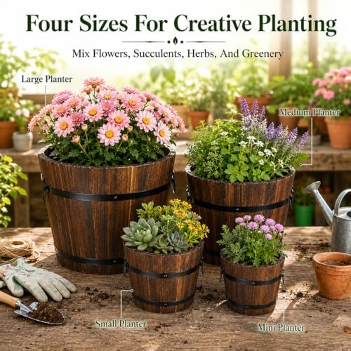 4 PCS Wooden Whiskey Barrel Planters, Wine Barrel Flower Pot with Rubber Hoops, 4 Sizes Versatile Planter for Indoor and Outdoor Plants - Image 6