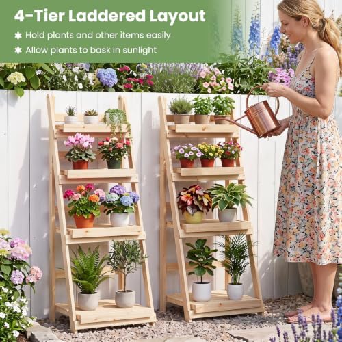GIANTEX Foldable Wooden Plant Stand, 4-Tier Ladder Plant Shelf, Natural - Image 3
