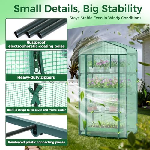 Ohuhu Small Greenhouse for Indoor Outdoor with Wheel, Portable Plastic Plant Green House 4-Tier Rack Stand Portable Greenhouses with Durable PE Cover for Seedling - Image 6