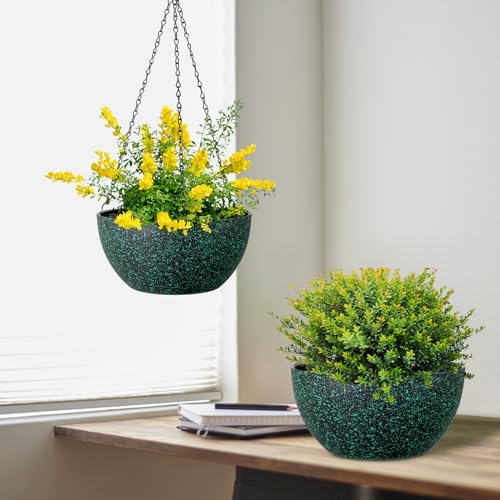 Meowell 12 inch Large Hanging Planters for Indoor Outdoor Plants, 2 Pack Hanging Flower Pots with Drainage Holes and Chain, Plastic Hanging Baskets for House Plants, Black with Green Speckles - Image 5