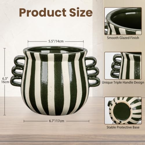 Ceramic Planter Pot Modern Striped Triple Handle Flower Pot No Drainage - Image 2