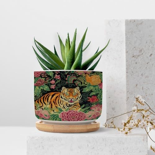 Chinoiserie Tiger Planter Ceramic Green and Turquoise Tiger Stripe Round Plant Pot with Drainage Holes and Bamboo Tray Pot for Home Office Desk Garden - Image 7