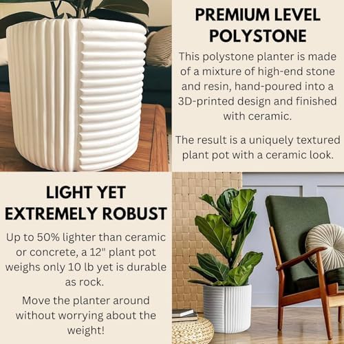 Fox & Fern Large Planter for Indoor or Outdoor, Matte White, 12 Inch - Image 3