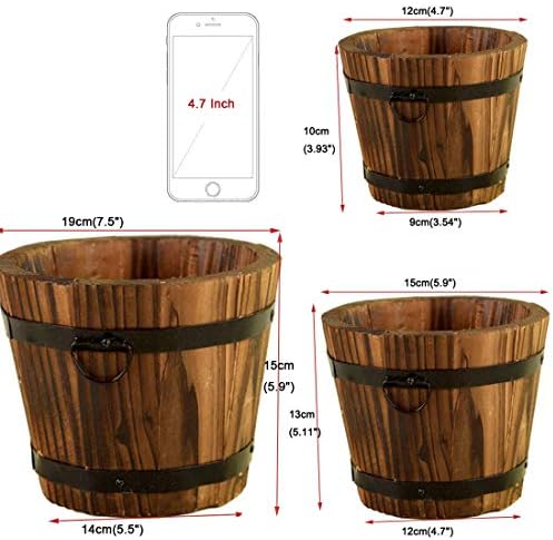 Rustic Wood Whiskey Barrel Planter Box Round Wooden Garden Flower Pot 3Pcs Different Sizes(L/M/S) - Image 3