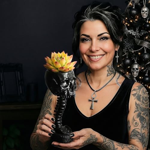 Skull Planter Spine Gothic Vase - Black Skull Candy Bowl, Horror 11.6" Halloween Flower Vase Goth Decor, Spooky Home Decor Skeleton Planter Pot, Candle Holder, Spooky Gifts For Women, Men, Girlfriend. - Image 2