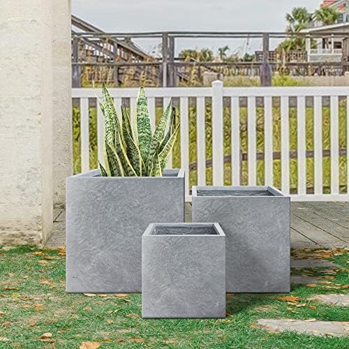 Kante 16",12",10" Square Concrete Planters Set of 3 for Outdoor Indoor Home Patio Garden, Large Plant Pot with Drainage Hole and Rubber Plug, Slate Gray - Image 5