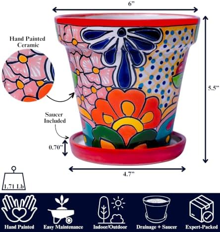Talavera Planter - Mexican Ceramic Pot with Drainage (Red-Medium) - Image 2