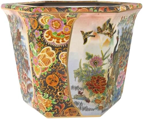 Red Lantern 10" Porcelain Flower Pot, Satsuma Ladies & Peacock - Image 6