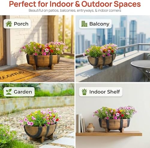 Gardenised 2-Piece Rectangular Half Barrel Flower Pots Rustic Farmhouse Style Faux Wood Planter Containers for Indoor & Outdoor Use Perfect for Displaying Decorative Garden Florals Herbs & Succulents - Image 4