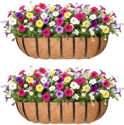 16'' Window Box Railing Planter with Coco Liner,2 Pack Horse Trough Planters Black Metal Hanging Flower Planters Basket for Porch Fence Patio Indoor Outdoor Lawn by Qusuxi