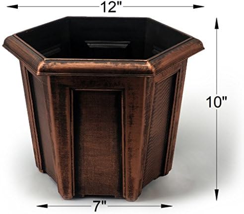 12" Rustic Hexagon Medieval Look (Set of 2 Planter + 2 Matching Trays) Flowerpot for Indoor Outdoor Garden Patio Office Home Decor (Copper-L) - Image 2