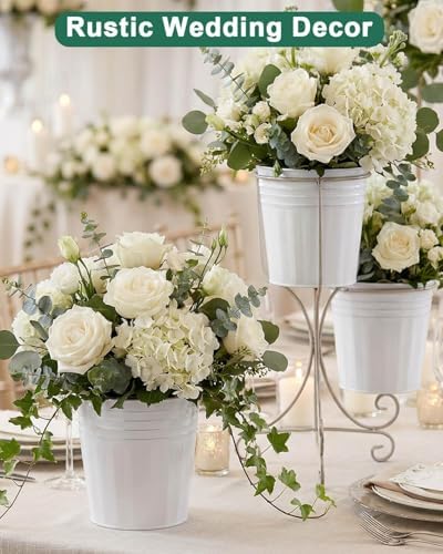 6 Inch White Metal Rustic Flower Pots - 6Pcs Galvanized Planters with Drainage Hole and Rubber Plug, Rustproof Metal Bucket Plant Pots Farmhouse Vintage Style for Decor - Image 6