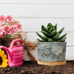 On Flax Blue Chinoiserie Planters Ceramic Grey Peony Asian Round Plant Pot with Drainage Holes and Bamboo Tray Pot for Pots Outdoor Indoor Plants - Image 5
