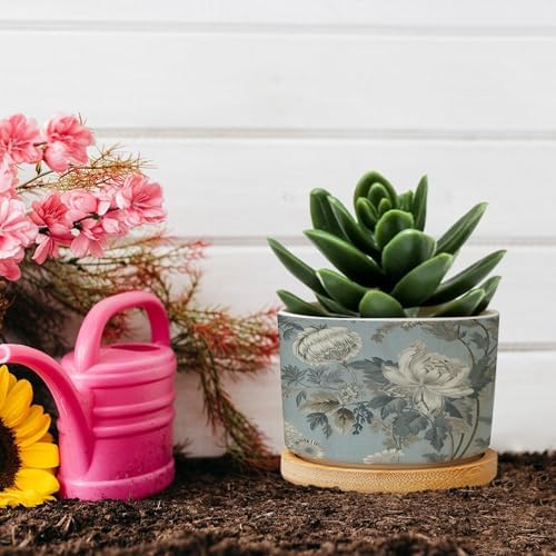 On Flax Blue Chinoiserie Planters Ceramic Grey Peony Asian Round Plant Pot with Drainage Holes and Bamboo Tray Pot for Pots Outdoor Indoor Plants - Image 5