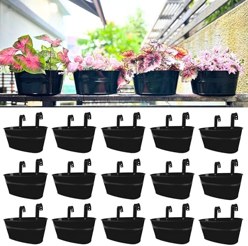 LaLaGreen Outdoor Plants Rail Planter (11.2 Inch, 15 Pack) Black Metal Iron Hanging Flower Pots Deck Railings Fence Buckets Modern Boho Style Wall Mount Window Box Plant Holder Hooks Porch Home Decor by L%C3%A1L%C3%A1Green