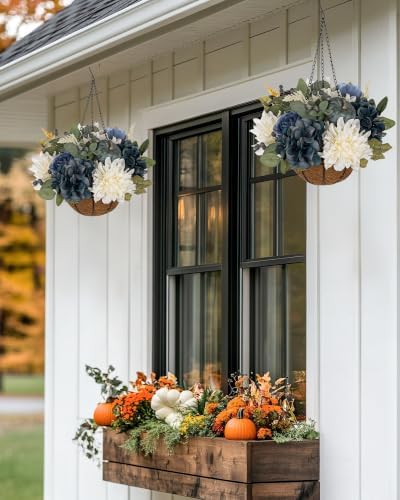 Hollyone 13" Fall Hanging Baskets Medium Pumpkins Hydrangea Dahlia Artificial Flowers Fall Hanging Decor Fake Flower Blue White Faux Plants Indoor Outdoor Porch Garden Autumn Decorations for Home - Image 4