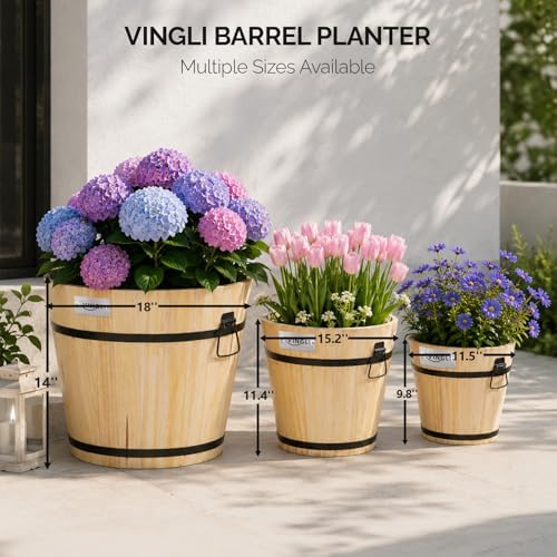 VINGLI 3 PCS Large Wooden Planter Barrel Set, 11.5"(Dia)- 18"(Dia), Real Wood Flower Pot with Drainage Holes, Different Sizes, Large Garden Container Box, Indoor & Outdoor (Honey) - Image 6
