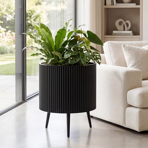 GIANTEX 20 Inch Plant Pot w/Stand Set 2, Mid-Century Modern Fluted Planter - Image 2