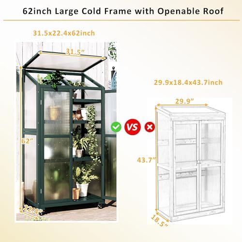 Knocbel 62" Height Portable Wooden Cold Frame Greenhouse with Wheels, Openable Roof and Adjustable Shelves, Flower Plants Shelf for Balcony Outdoor Indoor Backyard (Forest Green) - Image 6