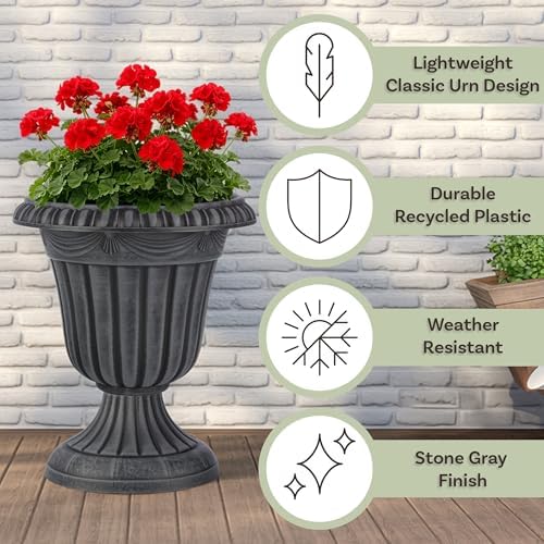 Outdoor Planter 2-Pack - 16x18-Inch Urn Planters for Front Porch Decor, Indoors, Patio or Entryway - Plastic Plant Pots - Large Decorative Flower Pots by Pure Garden (Stone Gray) - Image 2