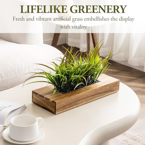 MyGift Artificial Grass Plant in Rectangular Wood Planter (Acacia, 10 Inch) - Image 2