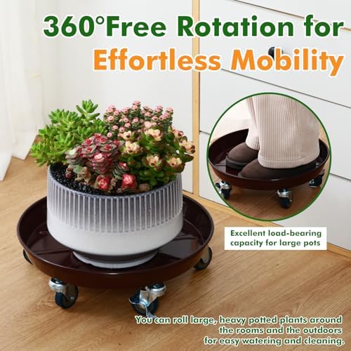 Planterhoma 3 Packs 13 inches Metal Plant Caddy with Wheels Large Rolling Plant Stand Heavy-Duty Iron Plant Dolly Casters for Indoor Outdoor Flower Pot Mover Roller Coasters, Dark Coffee - Image 6