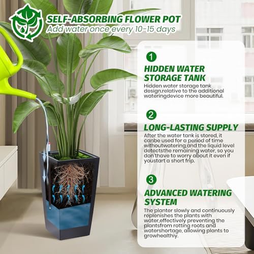 GarveeLife 16 in Tall Planters Set of 2, Outdoor＆Indoor Black Planter Pots, High Front Porch Planter Pots with Drainage Holes＆Water Level Monitor＆Inner Bucket, Automatic Watering,Black - Image 3