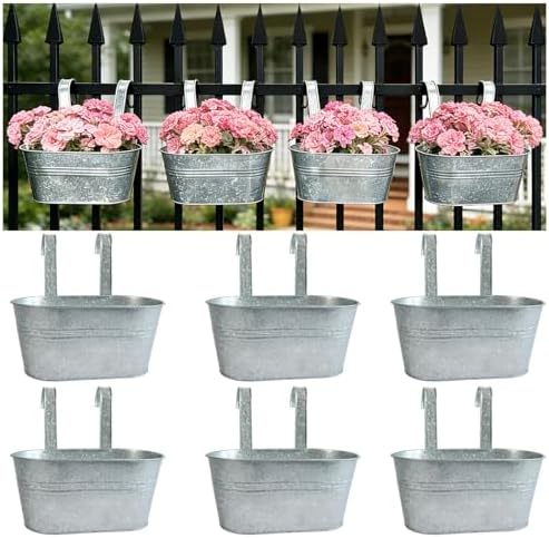 6 Pack 10" Galvanized Hanging Railing Planters with Hooks and Drainage by JOYFERNAL