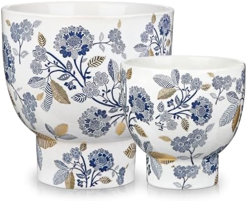 2Pcs Blue and White Ceramic Planter Pot with Drainage for Plants Flowers by GnFlus
