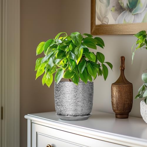 Ceramic Flower Pot - 7 Inch Ceramic Plant Pot for Indoor Flowers, Modern Outdoor Round Planter with Drainage Hole and Saucer, Gifts for Plant Lovers, Home Garden Decor, Silver - Image 4