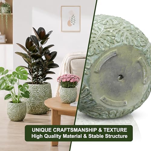 Craft flowerpots 18"+13"+9" Dia Round Concrete Planter Set of 3 Large Outdoor/Indoor Planter Pots Containers with Drainage Holes and Rubber Plug for Home Garden (Green, Large) - Image 5