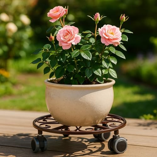5 Pack Plant Caddy with Wheels Heavy Duty 16 Inch Large Metal Plant Stand with Wheels Plant dolly Rolling Plant Stand Plant Roller with Casters for Indoor and Outdoor with 5 Pack Plant Saucers, Bronze - Image 5