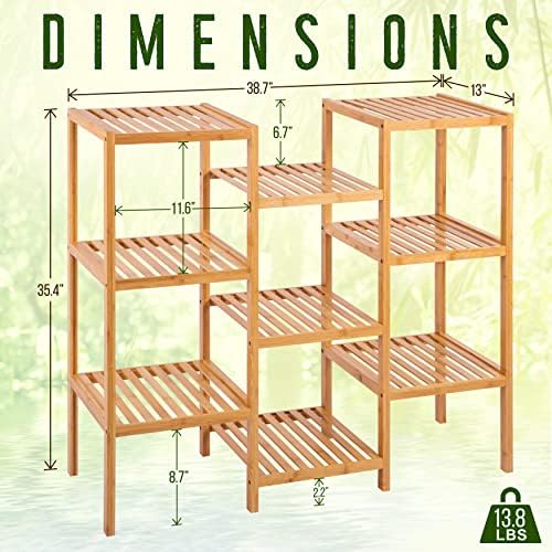 SereneLife 9-Shelf Bamboo Plant Stand - 13'' x 38'' x 35.5'' 9 Tier Adjustable Storage Shelf for Indoor/Outdoor Plants, Lightweight, Sturdy, Space-Saving Home Decor, Water-Resistant, Easy to Assemble - Image 2