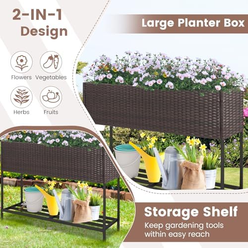 GIANTEX Raised Garden Bed with Legs, 40" x 12" Rattan Elevated Planter Box w/Storage Shelf, Removable Liner, Drainage Gaps for Vegetables, Flowers & Herbs, Outdoor Planting Stand for Backyard Patio - Image 4