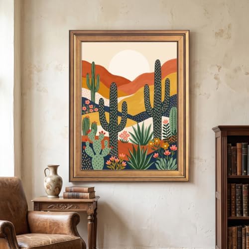 Framed Canvas Wall Art Bohemian Gouache Desert Landscape Terracotta Cacti Canvas Print Poster Gold Frame Wall Decor for Living Room Southwestern Art, Boho Home Decor - Inch 24x36 - Image 4