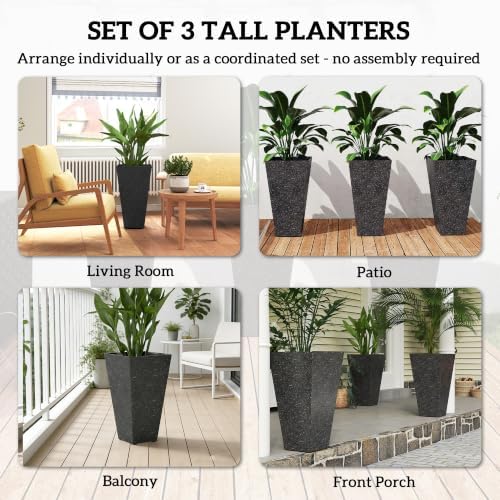 Outsunny 28 Inch Plastic Tall Planters for Outdoor Plants Set of 3, Black - Image 4