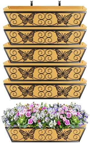 6 Pack 24 Inch Window Boxes Planters Railing Planter Box with Adjustable Brackets for Porch Fence Patio Balcony Hanging Flower Baskets with Woven Fabric for Outdoor Garden Decor - Black - Image 5