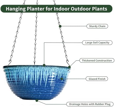12 inch Large Hanging Planters for Indoor Outdoor Plants, Set of 2 Glazed Hanging Flower Pots with Drainage Hole, Hanging Baskets for Garden Home Porch Decor - Image 3