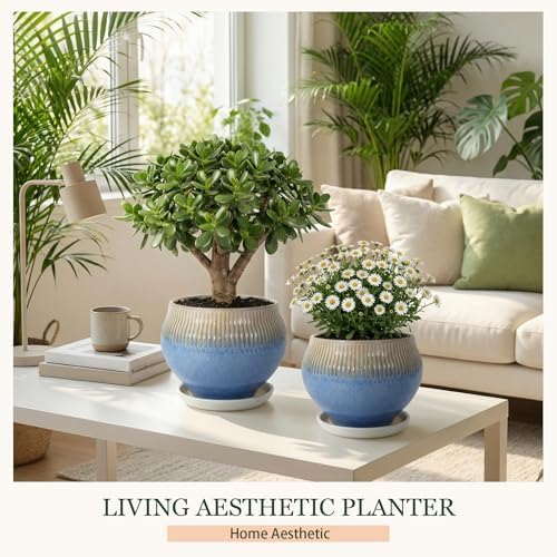 8.3 Inch Modern Ceramic Plant Pot with Drainage Hole and Mesh Net, Indoor Outdoor Planter with Saucer & Gardening Glove, Pots for Succulents, Flowers, Large Plants, Blue - Image 2